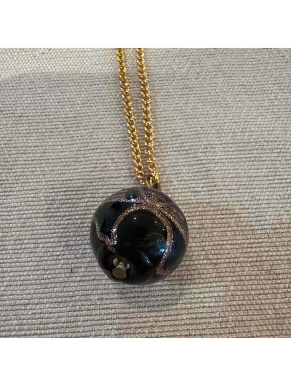Black Glass Orb Pendant Necklace with Gold Swirls